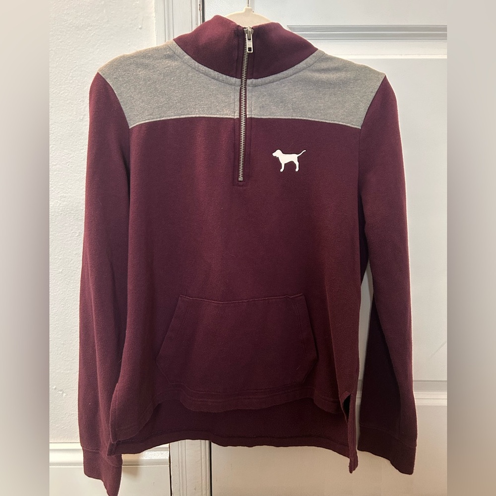 Victoria's Secret PINK Quarter-Zip Maroon and Gray Sweatshirt Pullover Size S